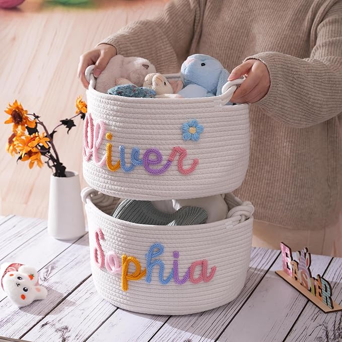 FKOG Baby Show Gift Basket, Personalized Cotton Rope Storage Basket, Baby Nursery Organizer with Custom Name, Newborn Baby Baptism Gift (Mix Color Basket)