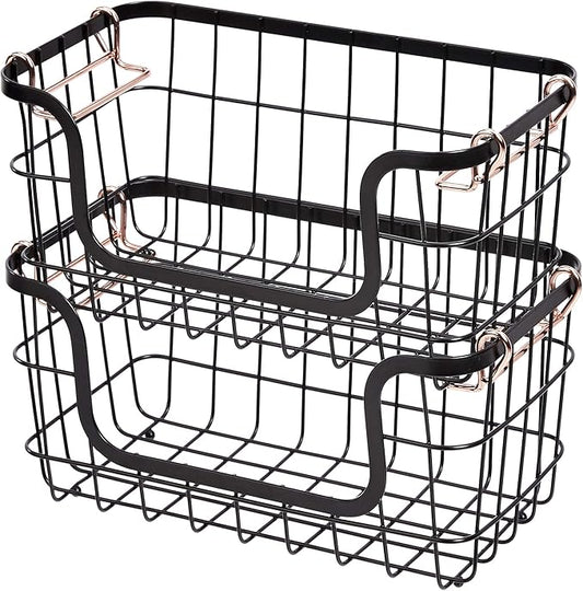 Amazon Basics Stackable Metal Wire Rectangular Storage Baskets for Kitchen, Bathroom or Pantry Organizing, 2 Count, Black