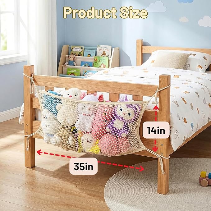 2 Pack Stuffed Animal Storage Net for Kids, Bedside Toy Organizer Net - Neatly Store Your Stuffed Animals, Cotton Bedside Stuffed Animal Storage Net with Tether, Stretches up to 35 Inches, Beige