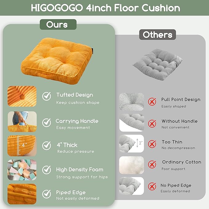 HIGOGOGO Floor Pillow Cushion for Adults, Meditation Cushion Pillow, Large Square Floor Sitting, Tufted Corduroy Cover, for Tatami Living Room or Yoga, 22x22 Inch, Orange