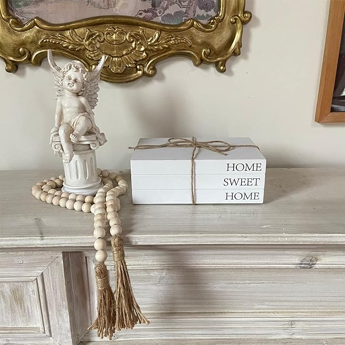 Decorative Books for Home Decor, White Faux Books for Decoration, Rustic Farmhouse Stacked Display Books with 52in Wood Bead Garland for Coffee Tables Living Room, (Home Sweet Home)