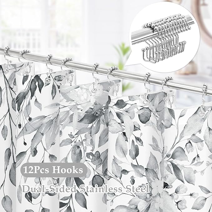 Gibelle 3 in 1 Shower Curtain Set, 72x72 Grey Eucalyptus Bath Curtain and PEVA Liner Set with 12 Metal Hooks, Waterproof Fabric Bathroom Curtain