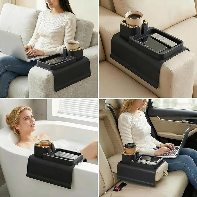 Luxury Silicone Couch Cup Holder Tray with Gold Trim, Anti-Spill Sofa Armrest Organizer, Weighted Non-Slip Recliner Tray Table for Drinks, Remote and Phone - Fits Most Couch Arms,Gift for family,Black