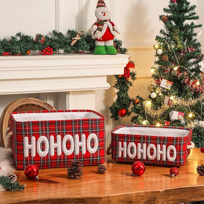 Christmas Gifts Baskets Empty Farmhouse Ornament Box Gift Storage Canvas Organizer Bin for Holiday Storage Organizing Xmas Gifts Baskets for Nursery/Living room, Kids Toy Chest, Large