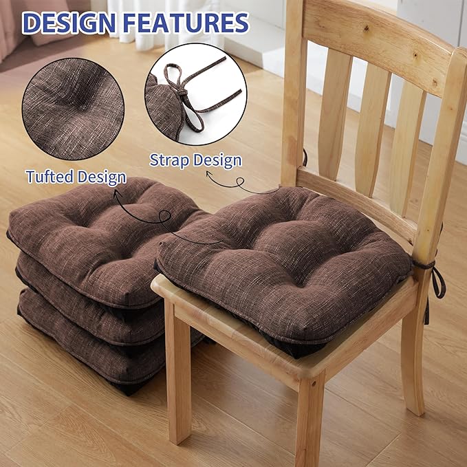 IPYNBAP Chair Cushions for Dining Chairs Set of 4, Kitchen Chair Cushions, Chair Pads with Ties and Non Slip Backing, Tufted Memory Foam Seat Cushion 4 Pack, 15.5" x 15.5" x 4", Brown