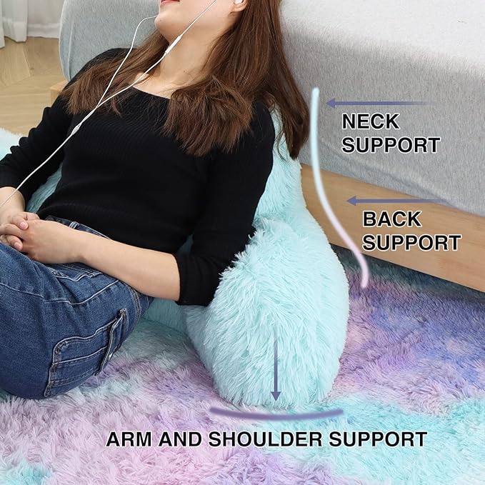 A Nice Night Faux Fur Reading Pillow Bed Wedge Large Adult Children Backrest with Arms Back Support for Sitting Up in Bed/Couch for Bedrest,BluePurple