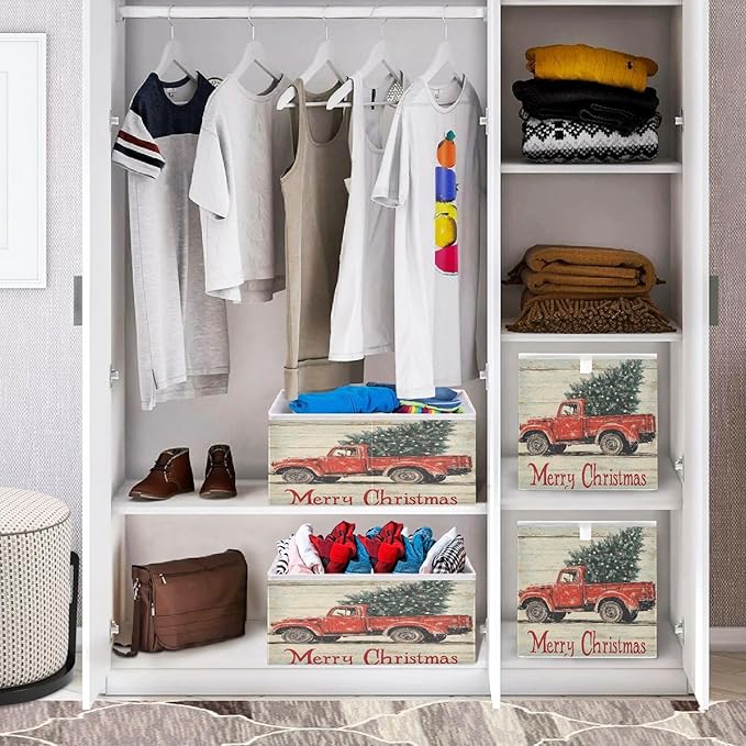 Red Truck Christmas Tree Fabric Storage Cubes Sturdy Shelf Closet Organizer Bin Decorative Storage Basket Box for Living Room Bathroom, 11x11 Inch