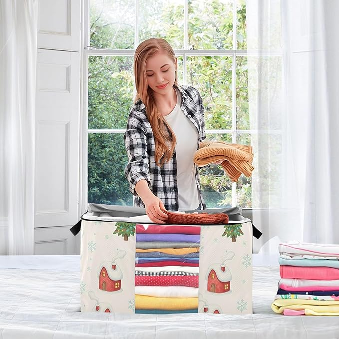 Burbuja Winter House Tree Clothes Storage Bag with Lids and Handle, 2 Pack Foldable Blanket Storage Container with Sturdy Zipper & Clear Window for Bedroom Closet, 60L