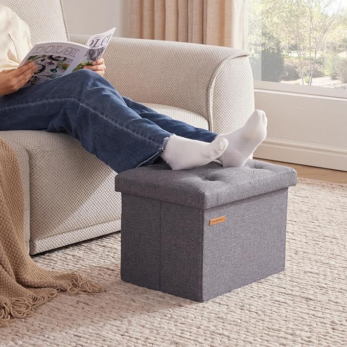 HAUSFRAU Ottoman with Storage Foot Rest Stool, Small Folding Footrest, Tufted Square Cube Seat for Living Room, Bedroom, Dorm, 12.2" x 16.5"x 12.2", Linen Grey