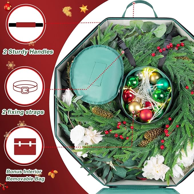 BrilliantJo Wreath Storage Hard Shell Christmas Decorations Case Bag with Interior Pockets 600D Oxford Fabric 24 Inch Xmas Container Box for Holiday Zipper and Handles Labeling Card Slot Green