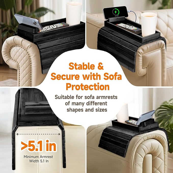 Bamboo Sofa Arm Tray – 2-in-1 Magnetic Detachable Couch Cup Holder & Armrest Table with Anti-Slip Pad, Convenient Tray for Drinks, Snacks & More,Black