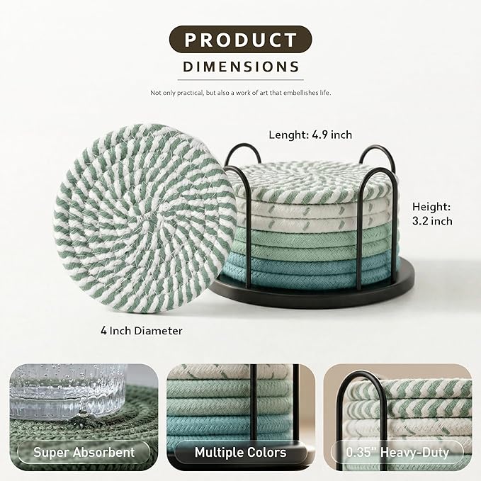 Lazebox Coasters Set of 8 for Drinks, Beer, Coffee, Cotton Woven 4 Colors Absorbent Coaster with Holder, Boho Coasters for Home Decor Tabletop Protection Suitable for Kinds of Cups