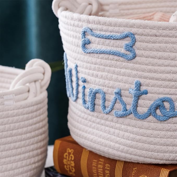 FKOG Personalized Baby Shower Basket Gift, Custom Name Cotton Rope Storage, Baby Nursery Organizer, Baby Show Gift Basket, Newborn Baby Baptism Gift (White round basket)