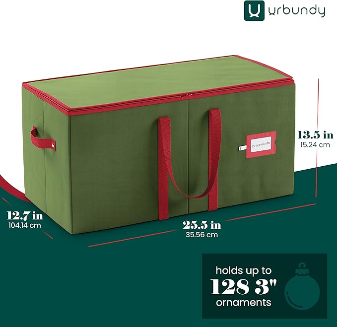 Christmas Ornament Storage Box - Green, Fits 128 Ornaments - Organizer With Dividers & Handles