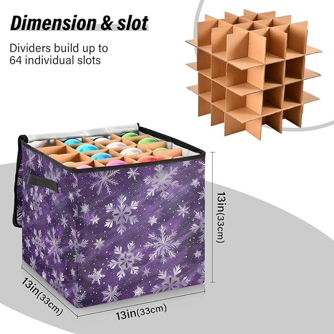 Purple Snowflake Christmas Ornament Storage Basket Box Winter Xmas Holiday Storage Container Cube with Adjustable Dividers for 64 Holiday Ornaments or Decorations Keeps Clean and Dry for Next Season