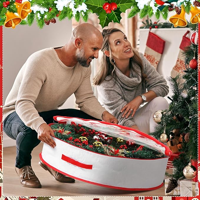Aliceset 4 Pack Wreath Storage Containers, Ornament Garland Wreath Storage Bags with Handle Zipper Decorative Storages Box for Winter Valentine Wreaths(36 x 36 x 7.8 Inch,White)