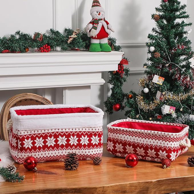 INough Red Christmas Gift Basket, Collapsible Empty Holiday Storage Bin with Handles, Fabric Storage Organizer for Kids, Baby Items, Presents and Festive Home Decorations