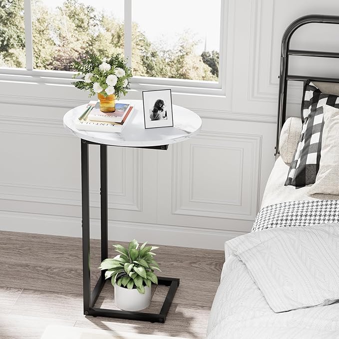C Shaped End Side Table, Small Oval Couch Sofa Table for Bed, Snack Side Table with Metal Frame, TV Tray Table with White Marble for Small Space, Living Room, Bedroom, Bedside, Black