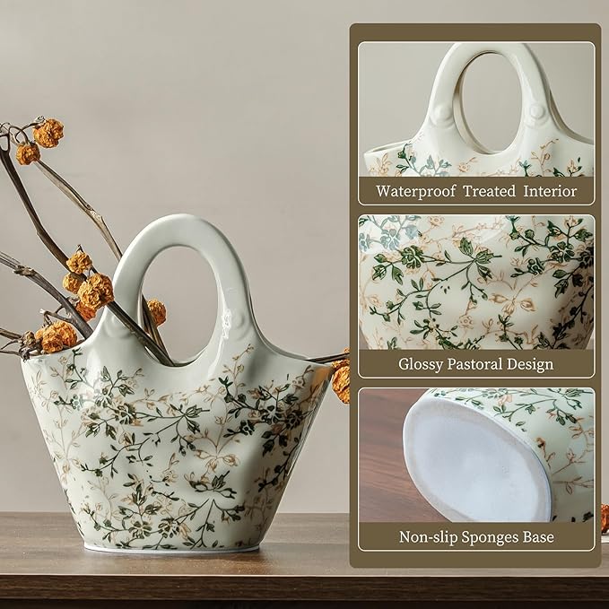 for Mom from Daughter or Son, Ceramic Purse Vase 9”, Vintage Green & Beige Floral Handbag Vase, Rustic Farmhouse Decor for Living Room, Bedroom, Table Centerpiece, Chinoiserie Style