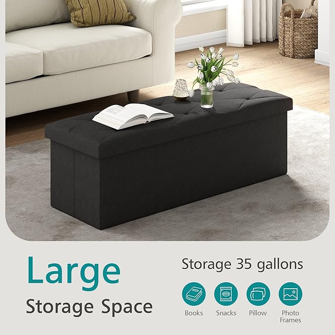 VECELO 43'' Folding Storage Ottoman Bench, Storage Chest, Linen Fabric Foot Rest Stool, 158L Storage Footstools for Bedroom and Living Room, Holds up to 660 lbs, DBlack
