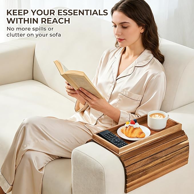 LOVYANXUE Acacia Wood Sofa Arm Tray, Foldable Couch Armrest Table with Anti-Slip Pad, Couch Arm Tray & Cup Holder for Drinks, Coffee, Snacks, Phone, Remote Control