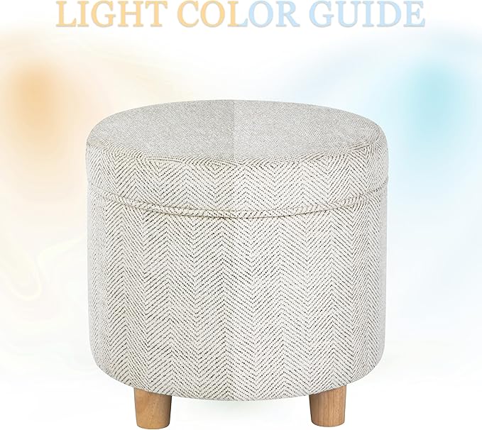 Homepop Home Decor | Upholstered Round Storage Ottoman | Ottoman with Storage for Living Room & Bedroom, Cream Chevron Woven