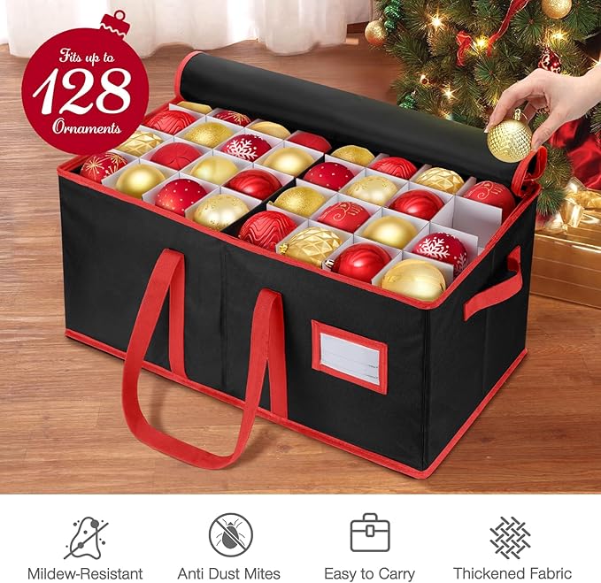 EIMMBD Christmas Ornament Storage Box and Storage Bag, 3 Tray Organizer Box with Dividers Keep 128-3" Holiday Ornaments, Heavy Duty 600D, Christmas Storage Containers with Handles Zipper(Black)