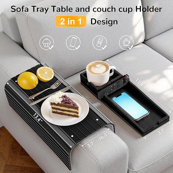 Korser Couch Armrest Table, Sofa Arm Tray with Removable Cup Holder, 2 in 1 Anti-Slip Armrest Tray Table for Couch, Bamboo Foldable Couch Cup Holder for Drinks Snacks Phone Remote Control