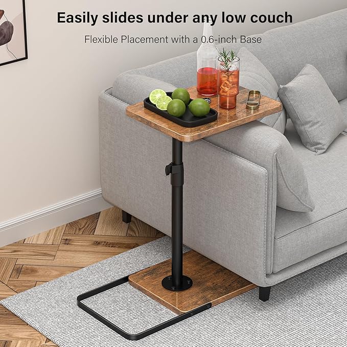 Tv Trays Set of 2 for Couch - 360°Swivel Height Adjustable, Larger Metal and Wooden Base to Prevent Slipping，TV Tray C Shaped End Table Food Snack Trays for Eating Sofa Bed Bathroom