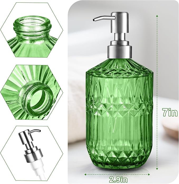 Kaishun 13 Oz Refillable Soap Dispenser, Glass Soap Dispenser for Dispense Hand Soap, Dish Soap, Lotion 2pack (Green)