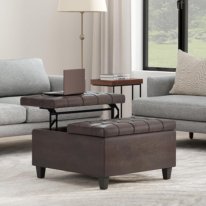 SIMPLIHOME Harrison Small Coffee Table Storage Ottoman - 30 inch Wide Upholstered Vegan Leather Square Lift-Top Ottoman in Distressed Brown, Transitional Ottoman for Living Room with Hidden Storage