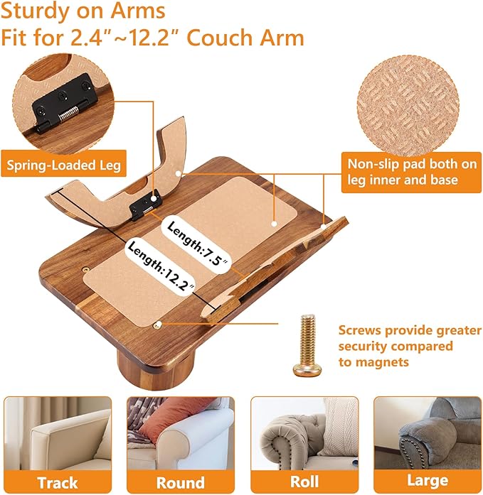 Couch Armrest Table Acacia with 360°Rotating Phone & Cup Holders,15.4" x 9.8", 3-in-1 Couch Arm Tray Clip-On Couch Tray for Drinks & Snacks