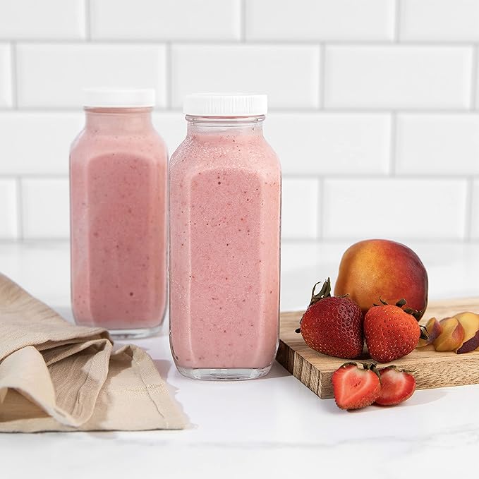 kitchentoolz 16oz Square Glass Milk Bottle with Lid - Glass Jars with Airtight Lid used for Milk Container, Yogurt, Smoothies, Juice, Kefir, & Water -2 Pack 16 oz Glass Bottles with Lids