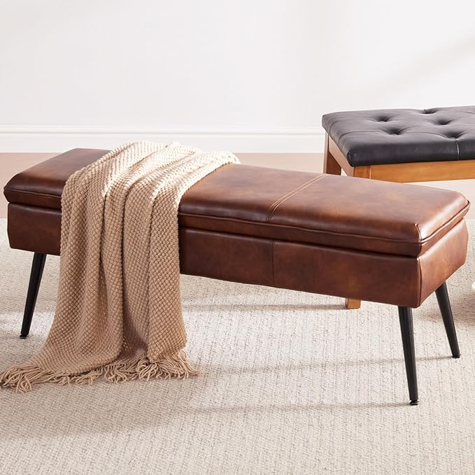 Ottoman with Storage Bench, End of Bed Bench with Flipping Lid, Mid-Century Modern & Faux Leather with Stitching, Loads 660 lb, for Living Room, Bedroom, Entryway, Retro Brown