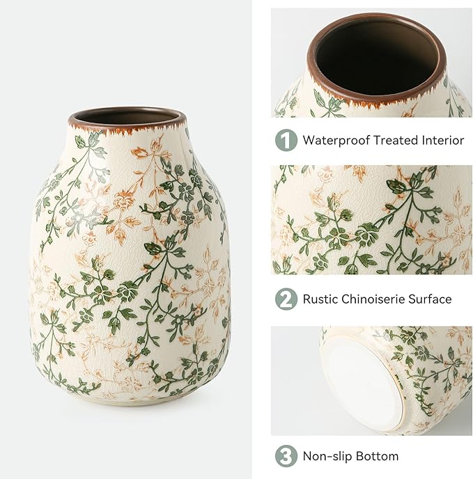 for Mom from Daughter or Son, Green & Beige Vintage Chinoiserie Ceramic Vase 7.8”, Floral Rustic Decorative Vase for Living Room, Bookshelf, Office, Grandmillennial & Tuscan Decor