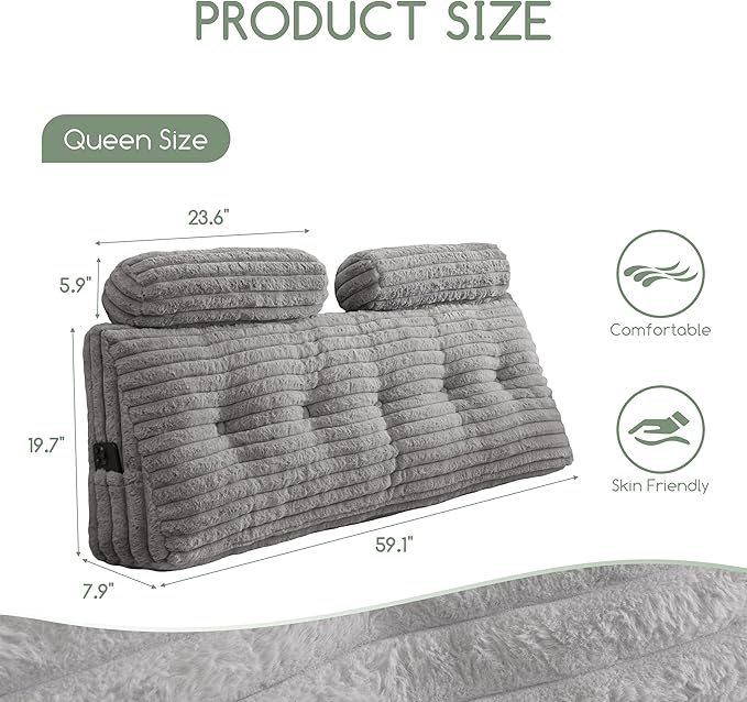 HIGOGOGO Triangular Headboard Wedge Pillow with 2 Cylindrical Pillows and Memory Foam Filling, Daybed Pillows for Sitting up, Reading or Working with Removable Cover,Queen 59.1"x19.7"