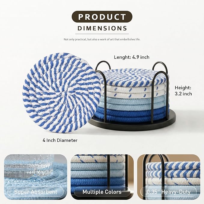 Lazebox Coasters Set of 8 for Drinks, Beer, Coffee, Cotton Woven 4 Colors Absorbent Coaster with Holder, Boho Coasters for Home Decor Tabletop Protection Suitable for Kinds of Cups