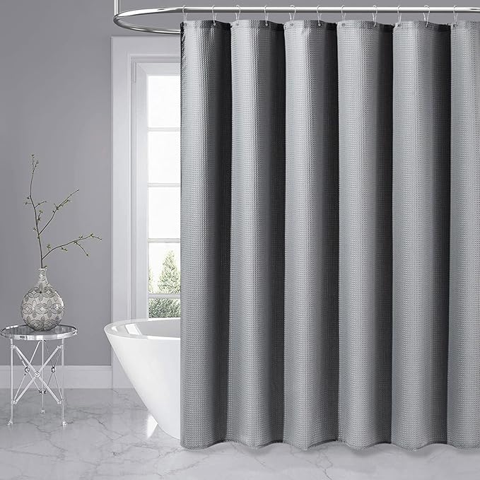 Dynamene Extra Wide Shower Curtain-108 Inch Wide Waffle Weave Weighted Thick Cloth Bathroom Shower Curtain, Neutral Heavy Duty Hotel Bath Curtain Set with 18 Plastic Hooks,108x72, Grey/Gray