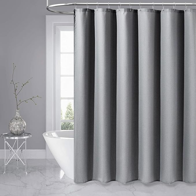 Dynamene Long Fabric Shower Curtain - 78 inch Long Waffle Weave Weighted Cloth Shower Curtains for Bathroom, Neutral Heavy Duty Hotel Spa Luxury Bath Curtain Set with 12 Plastic Hooks,72x78, Grey