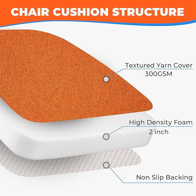 Sunsleek Chair Cushions for Dining Chairs, D-Shaped Seat Cushions with Removable Washable Cover and Ties, Chair Pads for Kitchen, Indoor Dining Room, Patio Chairs, 17'' x 16'', Set of 6, Orange