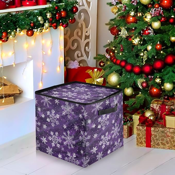 Purple Snowflake Christmas Ornament Storage Basket Box Winter Xmas Holiday Storage Container Cube with Adjustable Dividers for 64 Holiday Ornaments or Decorations Keeps Clean and Dry for Next Season
