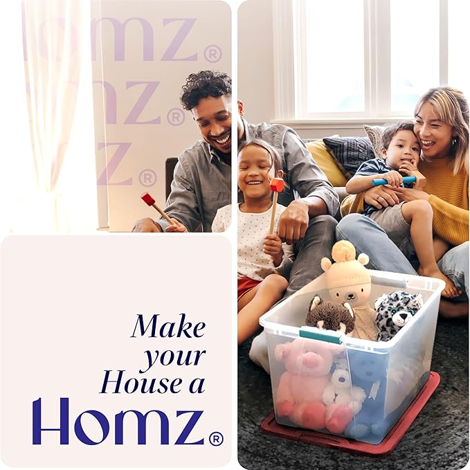 HOMZ 4-Pack Holiday Tote, Clear Plastic Storage Bins w/ Lids & Dividers, 31 Quart, Red - Stackable Organizing Containers for Home, Garage, and Office