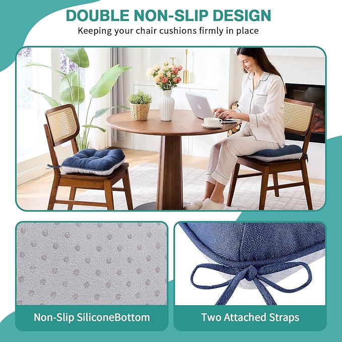 BETU Chair Cushions for Dining Chairs Set of 2,3.5" Thick Kitchen Table Chair Pads with Ties,Non Slip Backing and Covers, Seat Cushion for Dining Room,Bar,Patio Chairs,16"X16"X3.5",Navy Blue