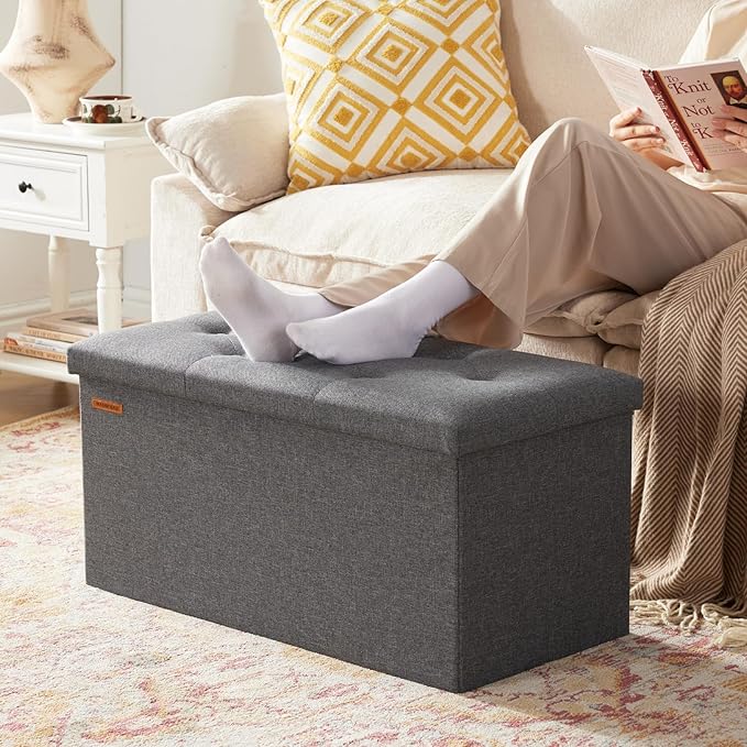 HAUSFRAU - Storage Ottoman Bench, 30 Inches Button Tufted Upholstered Ottoman Footstool with Storage for Living Room Bedroom Entryway, Load 660 lb, Linen Dark Gray
