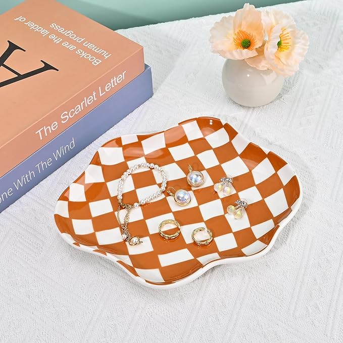Koythin Jewelry Tray, Ceramic Jewelry Dish Trinket Tray Organizer, Checkered Pattern Aesthetic Decorative for Kitchen, Bathroom, Birthday Gift (Brown Plaid)