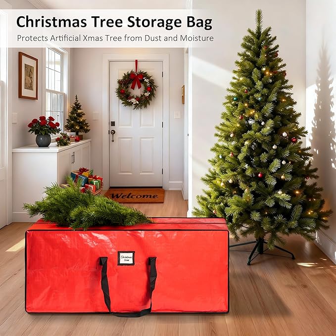 9 ft Christmas Tree Storage Bag, Fits Extra Large Artificial Holiday Xmas Tree, Waterproof Material with Durable Reinforced Handles & Dual Zippers, Protects From Dust and Moisture, Red