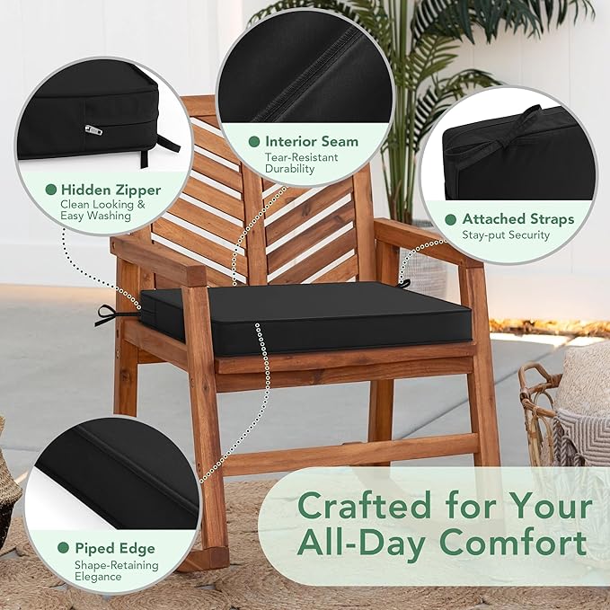 Outdoor Chair Cushions Set of 2: Waterproof & Fade Resistant Seat Cushion for Patio Furniture - 19 x 19 x 2 Inch Chair Pads with Ties and Hidden Zipper - Patio Chair Cushion Replacement, Black