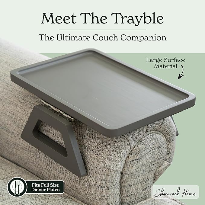 Shamrock Home Bamboo Trayble Couch Arm Table, Clip On Tray Sofa Table for Couches. Sofa Arm Tray, Armchair Table for TV Dinners, Remotes, Drinks and Snacks - 13.75 x 9.5inch, Grey