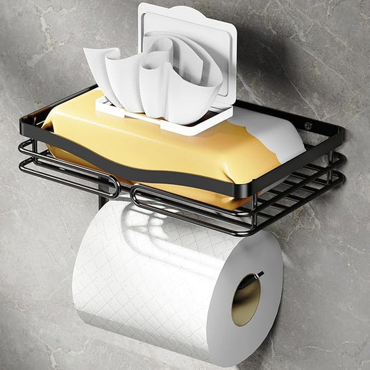 YIGII Toilet Paper Holder with Shelf, Adhesive or Drilling Tissue Roll Holder for Bathroom, Rustproof Toilet Roll Holder Wall Mounted for Phone, Wipe Storage (Matte Black)