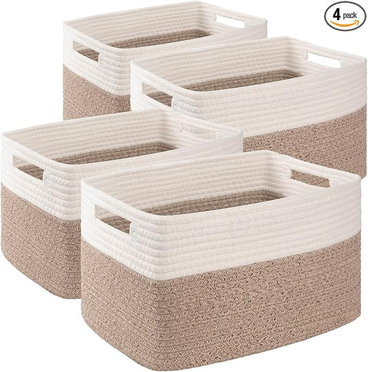 4 Pack Storage Baskets for Organizing, Woven Baskets for Shelves - Perfect for Toys, Books, Towels, and Clothes, Durable Gift Basket Bins Toy Storage, 15.7''Lx11.8''Wx7.8''H, Brown & White